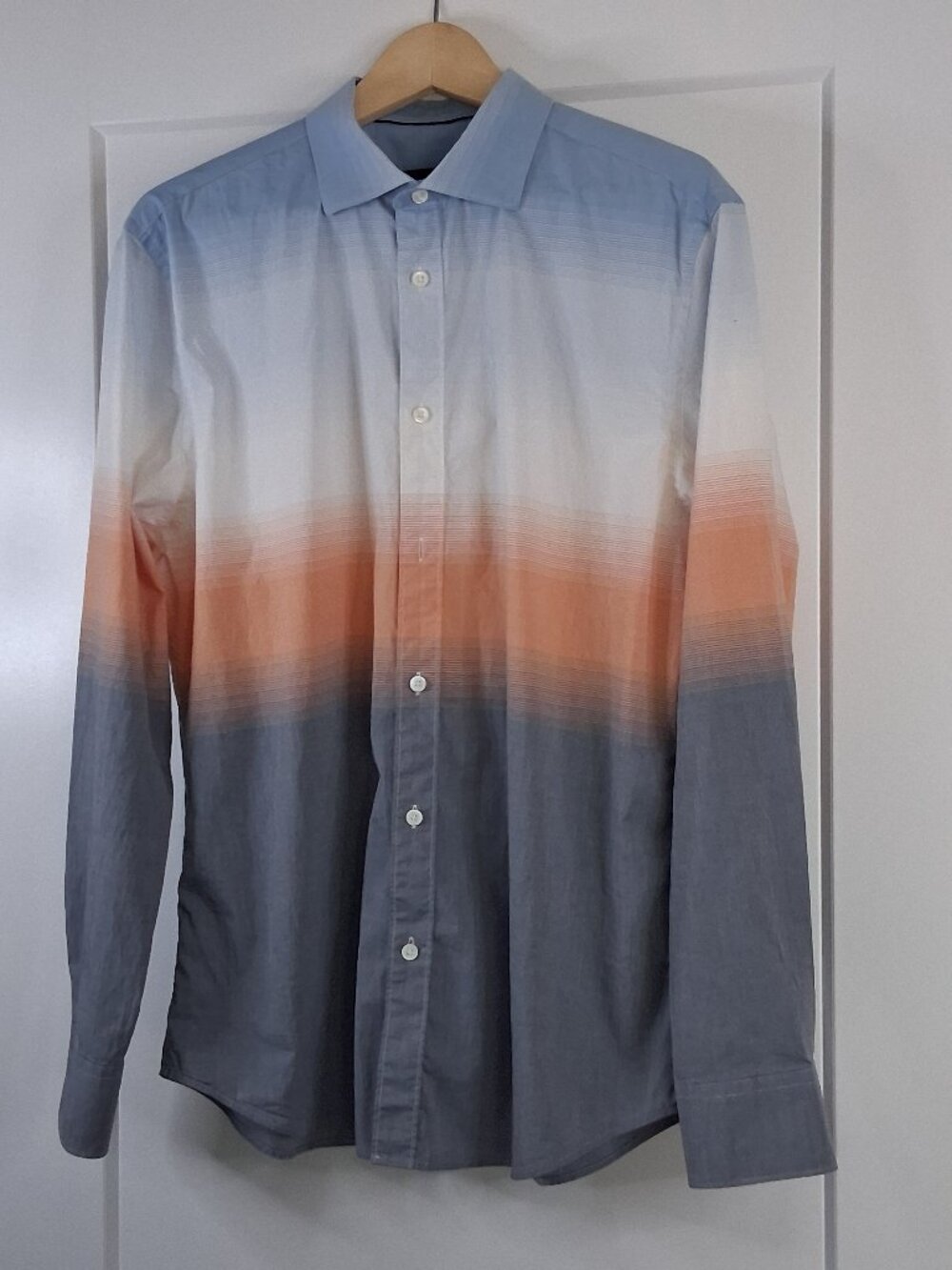 Bugatchi Ocean Ombre Stripe Button Front Shirt Men's Large Blue Peach Long Sleev